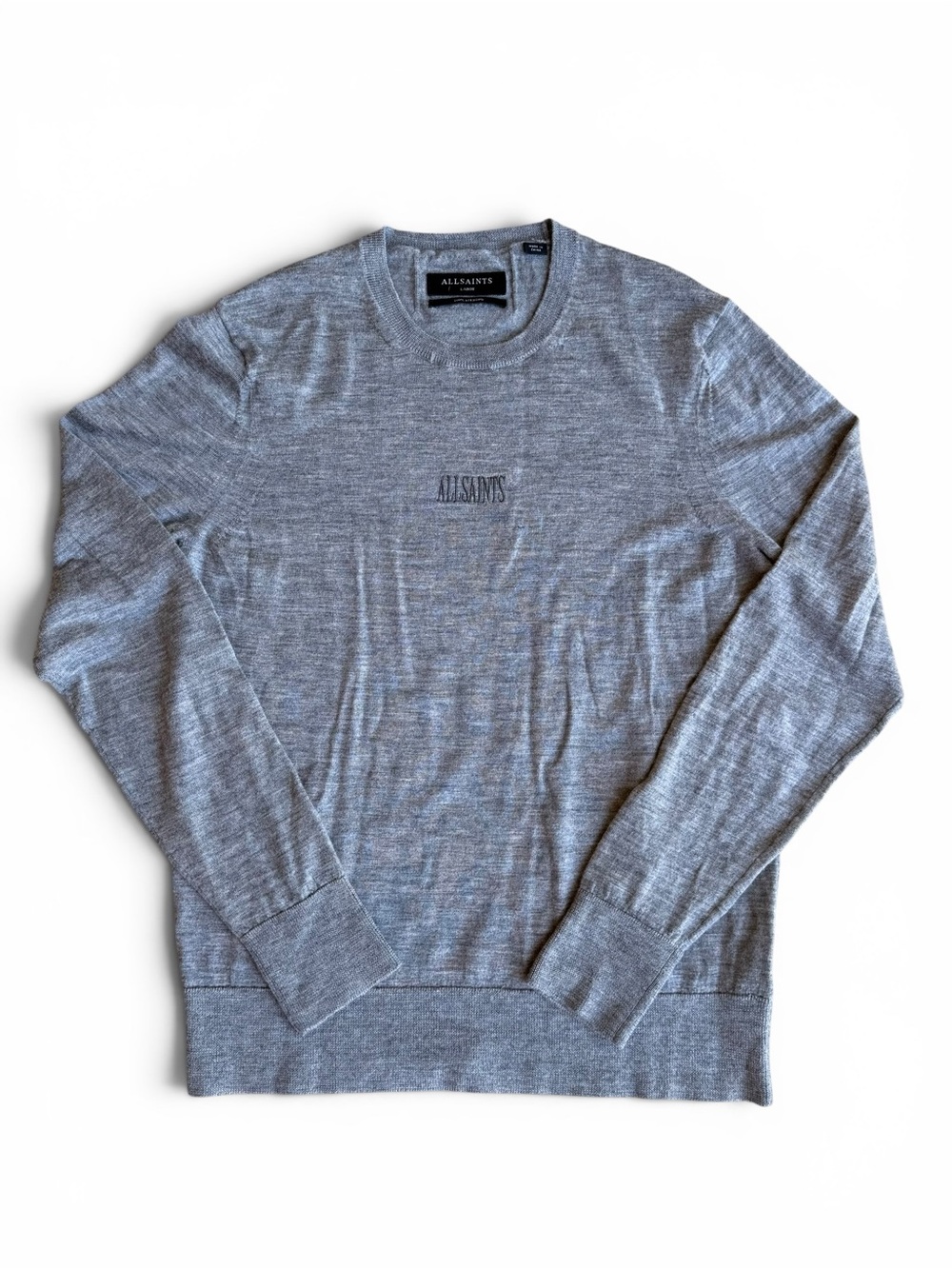 All Saints Men's Grey 100% Merino Wool Crewneck Sweater